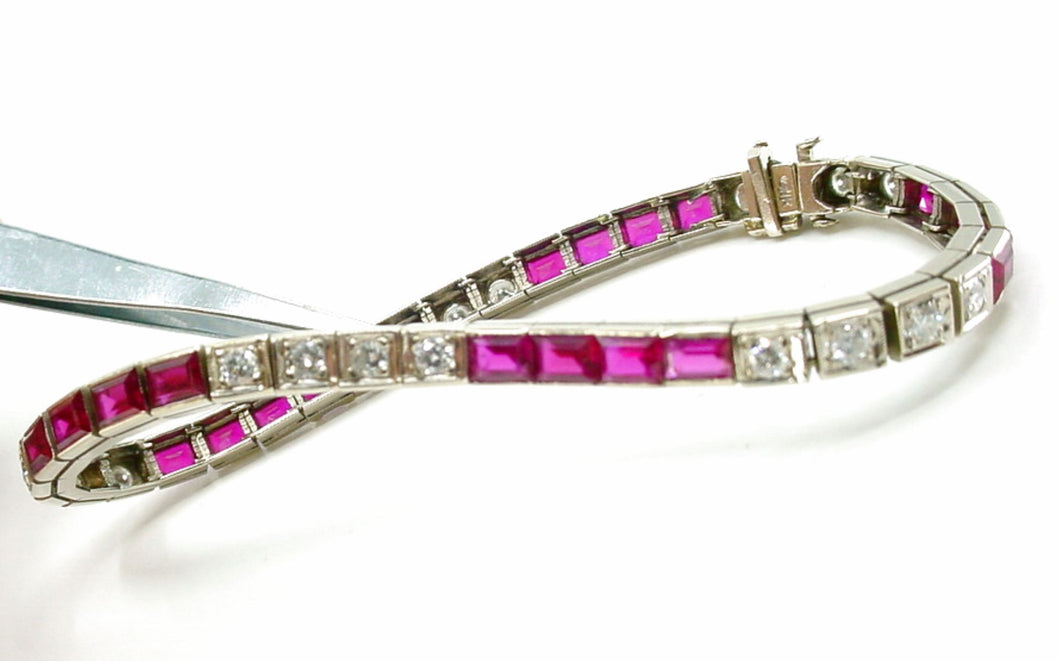 Iconic Precious Gemstone Art Deco 14k White Gold Line Strap Bracelet