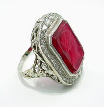 Charger l&#39;image dans la galerie, Rare Art Deco Carved Glass Cameo Diamond 18k White Gold Halo Ring--Old European Cut
