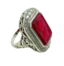 Charger l&#39;image dans la galerie, Rare Art Deco Carved Glass Cameo Diamond 18k White Gold Halo Ring--Old European Cut
