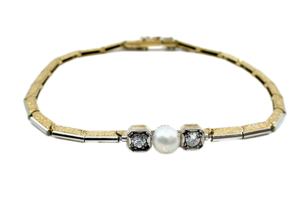 Edwardian Diamond Pearl Platinum Topped Gold Link Bracelet