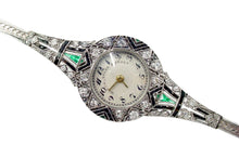 Charger l&#39;image dans la galerie, Important Art Deco Black, Starr, and Frost Platinum Diamond Emerald Wristwatch
