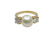 Load image into Gallery viewer, SALE--Vintage .80 Ct. Diamond Classic 14k Yellow Gold Pearl Trilogy Engagement Ring
