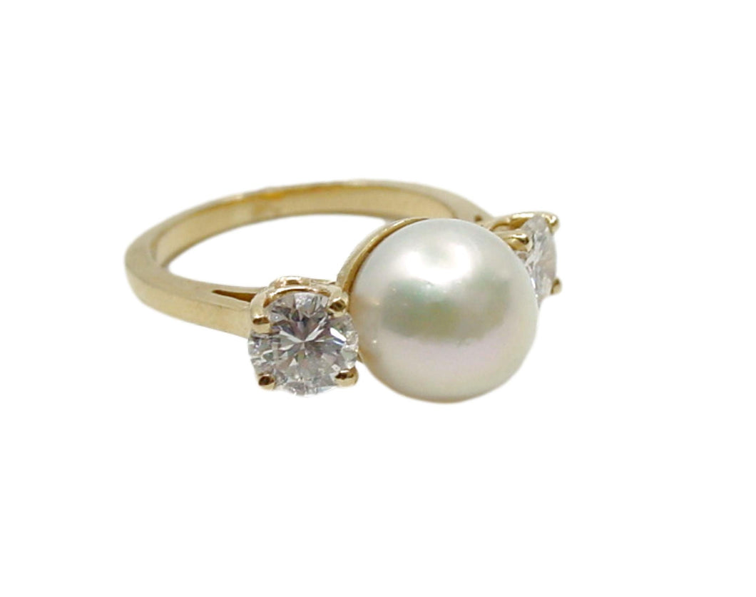 SALE--Vintage .80 Ct. Diamond Classic 14k Yellow Gold Pearl Trilogy Engagement Ring