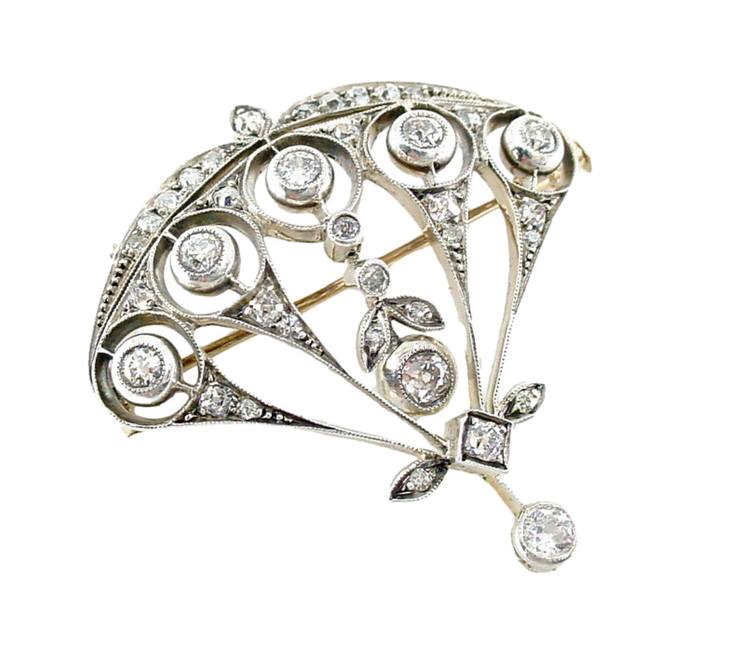 Edwardian Belle Époque Silver Top Gold Diamond Convertible Fan Pendant Brooch