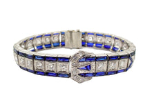 Charger l&#39;image dans la galerie, Stunning Art Deco Platinum 2.88 ct. Diamond Sapphire Buckle Strap Bracelet--Small Size
