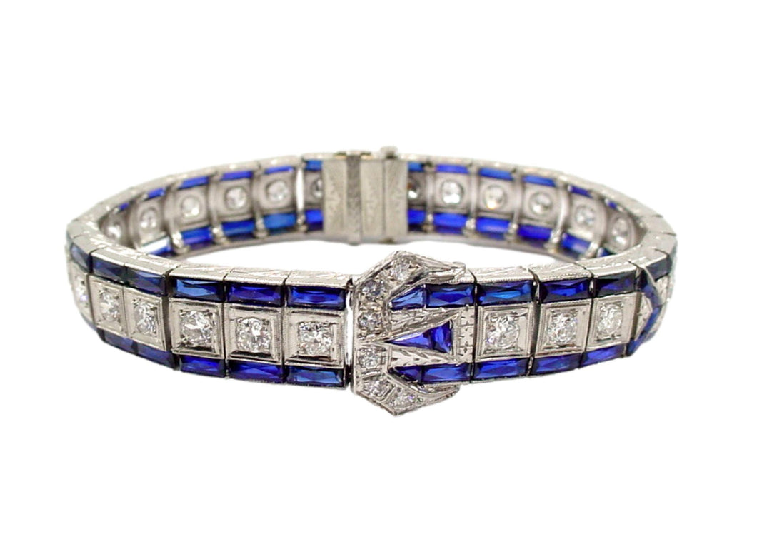 Stunning Art Deco Platinum 2.88 ct. Diamond Sapphire Buckle Strap Bracelet--Small Size