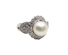 Load image into Gallery viewer, Elegant Vintage Diamond Pearl Halo Rosette 18k Gold Engagement Statement Cocktail Ring
