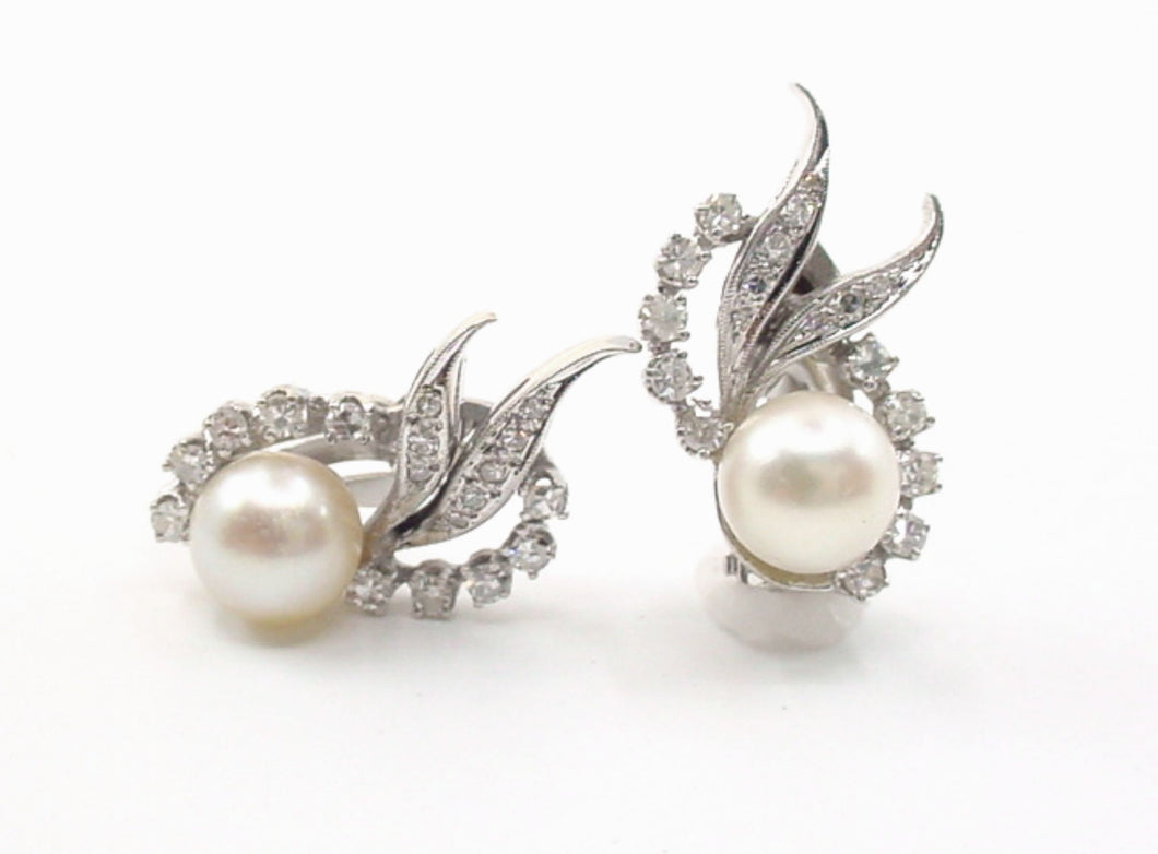 Vintage Diamond Pearl Spray Feather Clip Drop Earrings