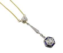 Charger l&#39;image dans la galerie, Art Deco &quot;Target&quot; Diamond Sapphire 14k Gold Drop Chain Necklace
