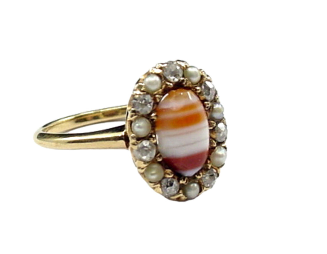 Rare Antique Banded Agate Pearl Diamond 18k Yellow Gold Ring