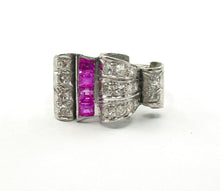 Charger l&#39;image dans la galerie, Handsome Platinum Diamond Ruby &quot;Tank&quot; Ring--1940s Retro at Its Finest
