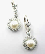 Load image into Gallery viewer, Vintage Antique Diamond Pearl Halo Drop White Gold Earrings--1.50 cts.
