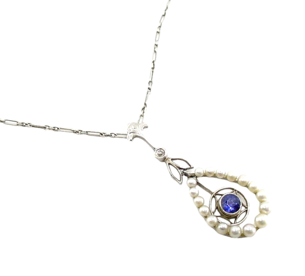 Antique Edwardian Sapphire Pearl 14k Gold Pendant Necklace