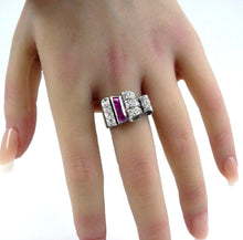 Charger l&#39;image dans la galerie, Handsome Platinum Diamond Ruby &quot;Tank&quot; Ring--1940s Retro at Its Finest
