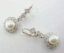 Load image into Gallery viewer, Vintage Antique Diamond Pearl Halo Drop White Gold Earrings--1.50 cts.
