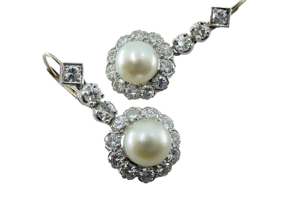 Vintage Antique Diamond Pearl Halo Drop White Gold Earrings--1.50 cts.