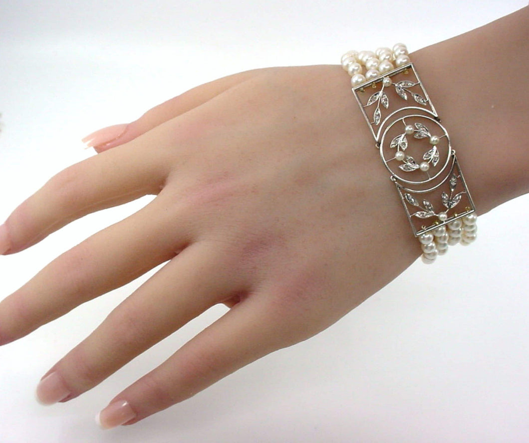 Edwardian Antique Platinum-Topped Gold Cultured Pearl Diamond Bracelet