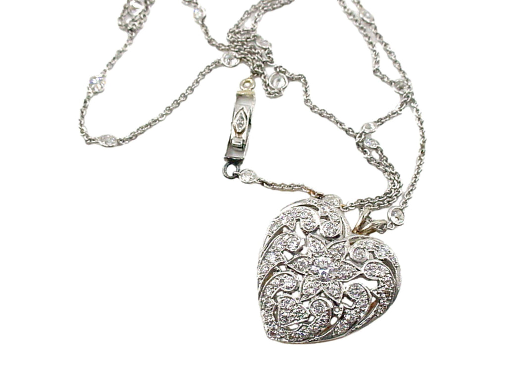 Exceptional Edwardian Platinum 1.95 OEC Heart and Diamond Station Chain Necklace