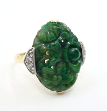 Charger l&#39;image dans la galerie, Handsome 14k Gold Cocktail Ring--Art Deco Carved Jade Diamond
