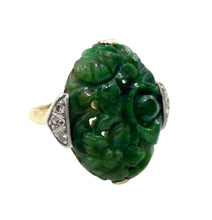 Charger l&#39;image dans la galerie, Handsome 14k Gold Cocktail Ring--Art Deco Carved Jade Diamond
