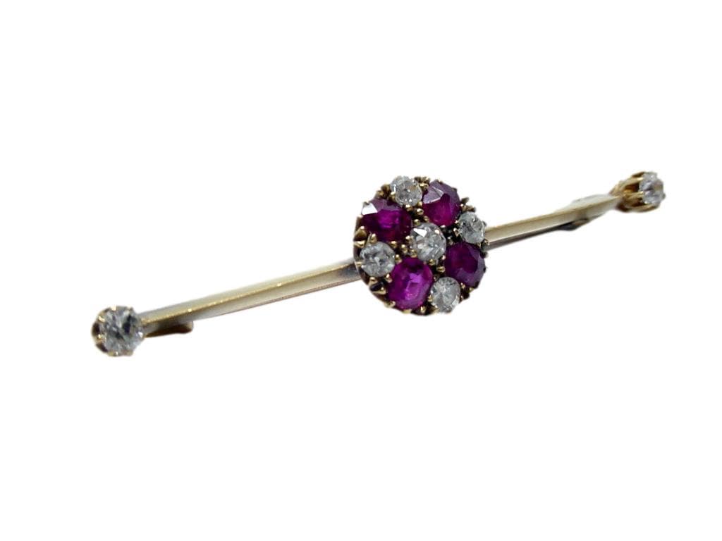 Lovely Victorian Ruby Diamond 14k Yellow Gold Bar Brooch Pin