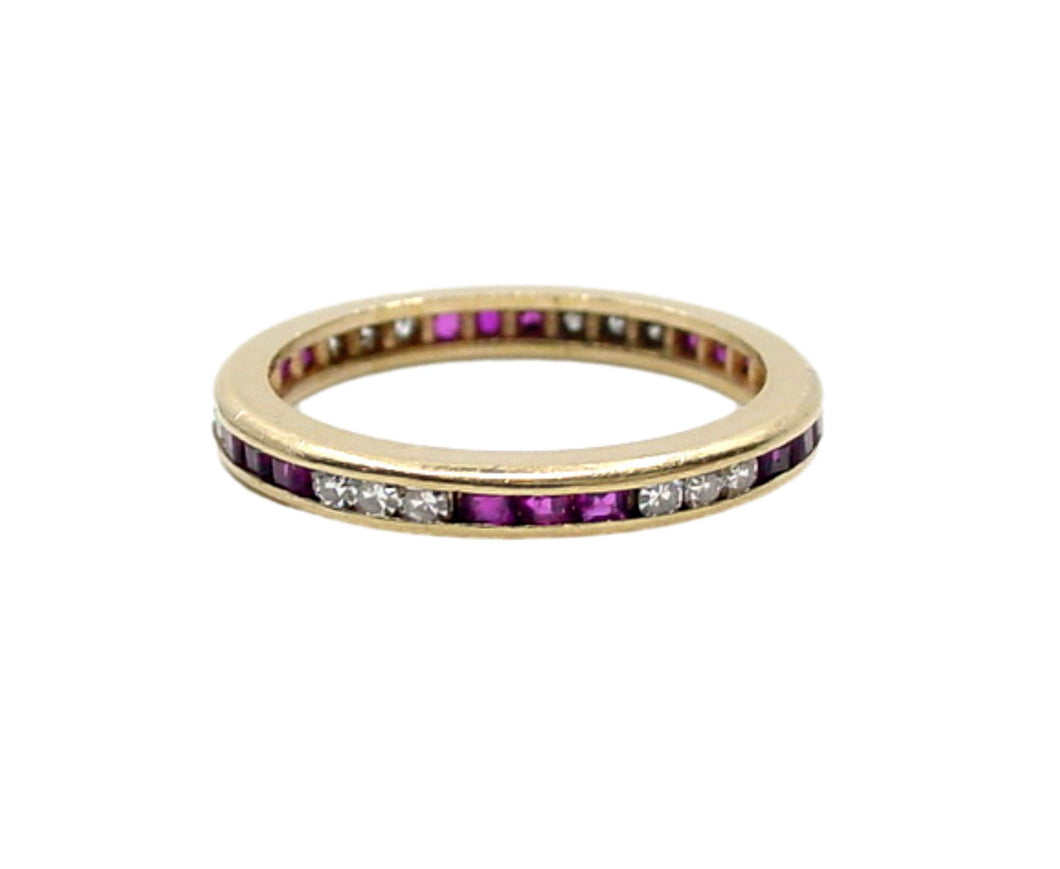 Rare Alternating Ruby Diamond 14k Yellow Gold Eternity Band Ring