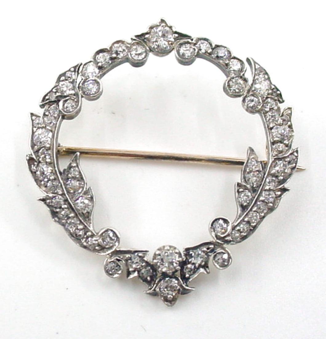 Edwardian Luminous 1.67 Ct Diamond Silver Topped Gold Wreath Garland  Brooch