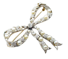 画像をギャラリービューアに読み込む, Lovely Platinum Belle Époque Diamond Pearl Gold Ribbon Bow Pin Brooch
