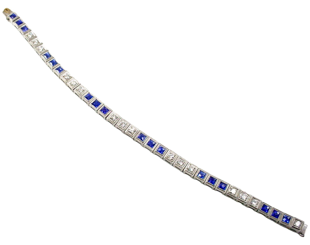 Iconic Art Deco Platinum Diamond Sapphire Straight Line Tennis Bracelet