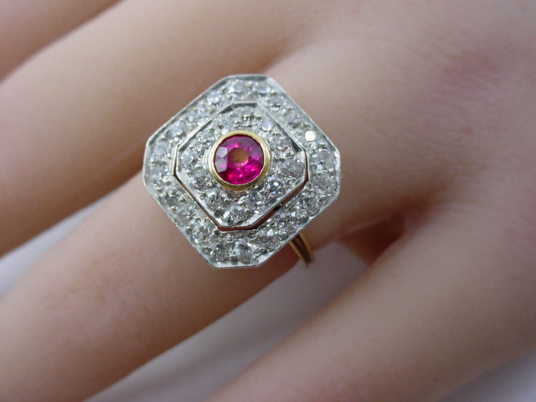 Platinum Top Edwardian 1.16 Ct. Diamond Ruby Hexagon Engagement Cocktail Ring