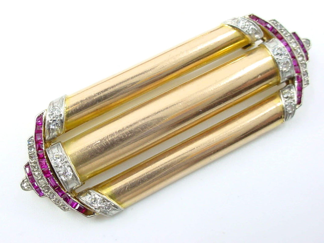 Stunning 1940's Retro Ruby Diamond 14K Rose Gold Platinum Triple Row Bar Brooch