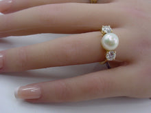 Load image into Gallery viewer, SALE--Vintage .80 Ct. Diamond Classic 14k Yellow Gold Pearl Trilogy Engagement Ring
