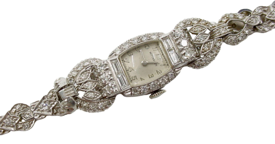 Heavy Platinum Wittnauer 2.98 Ct Diamond Art Deco Swiss Bracelet Watch-32 grams