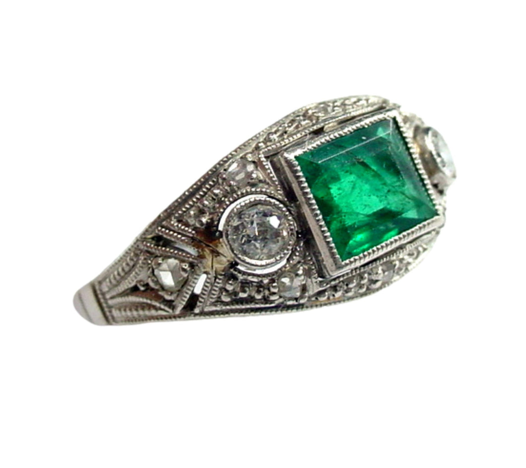 Art Deco Emerald Diamond Platinum Engagement Cocktail Dinner Ring