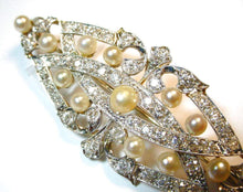 Charger l&#39;image dans la galerie, Lovely Platinum Belle Epoque 2.00 Ct Diamond Pearl Gold Pin Brooch
