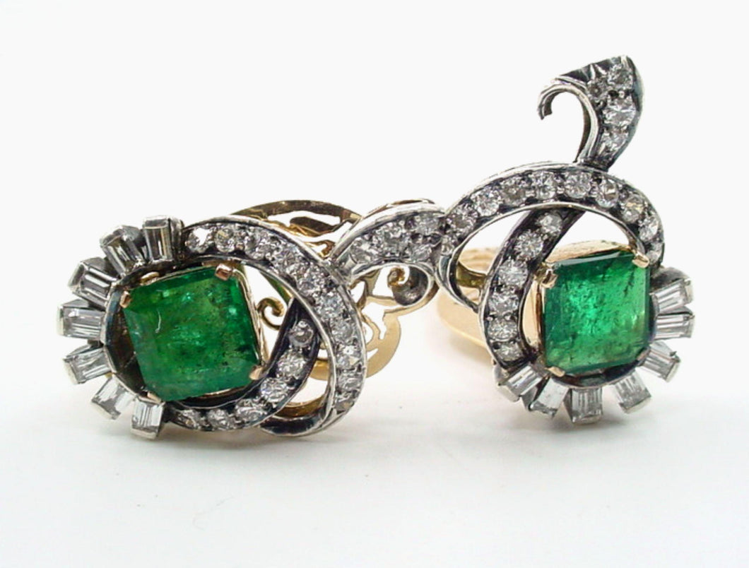 Luxe Retro 1940's Large Square Emerald Diamond 14k Gold Earrings