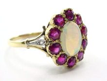 Load image into Gallery viewer, Vintage Antique Romantic Rosette Halo Opal Ruby 18k Gold Cocktail Ring
