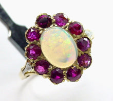 Load image into Gallery viewer, Vintage Antique Romantic Rosette Halo Opal Ruby 18k Gold Cocktail Ring
