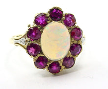 Load image into Gallery viewer, Vintage Antique Romantic Rosette Halo Opal Ruby 18k Gold Cocktail Ring
