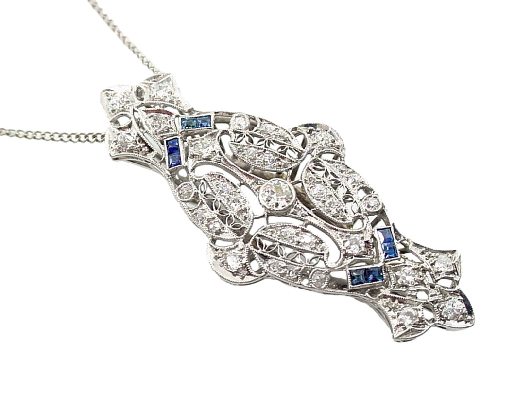 Art Deco Platinum OEC Diamond Sapphire 14k Gold Pendant Necklace--Conversion