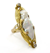 Charger l&#39;image dans la galerie, Lyrical and Lovely River Pearl Art Nouveau Diamond Yellow Gold Ring
