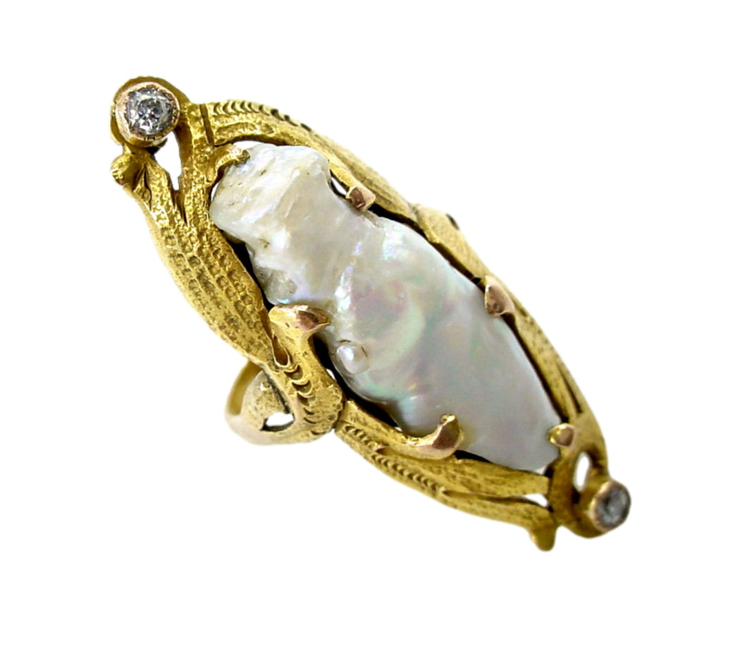 Lyrical and Lovely River Pearl Art Nouveau Diamond Yellow Gold Ring