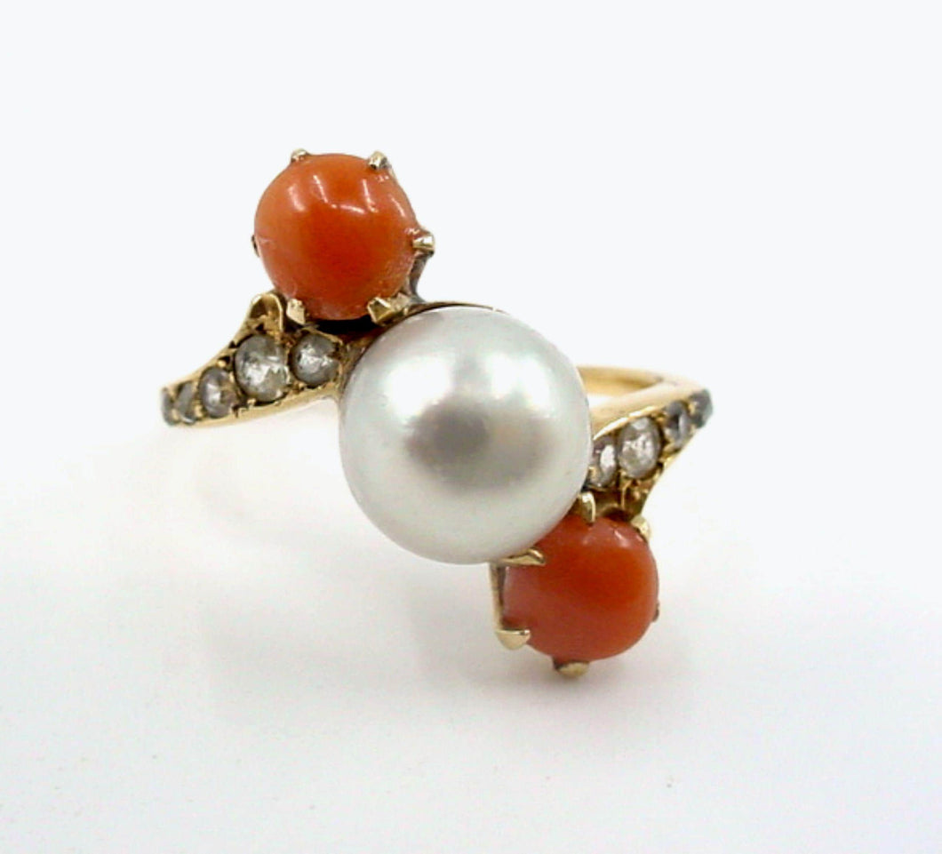 Antique Romantic Toi et Moi Coral Pearl 14k Yellow Gold Engagement Ring