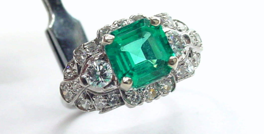 Art Deco Platinum Granat Brothers San Francisco Diamond Synthetic Emerald Ring