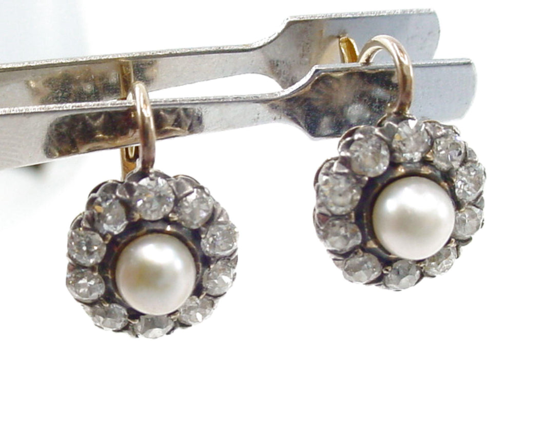 Antique Edwardian 1.80 Ct Diamond Pearl Halo Drop Silver Top Gold Earrings