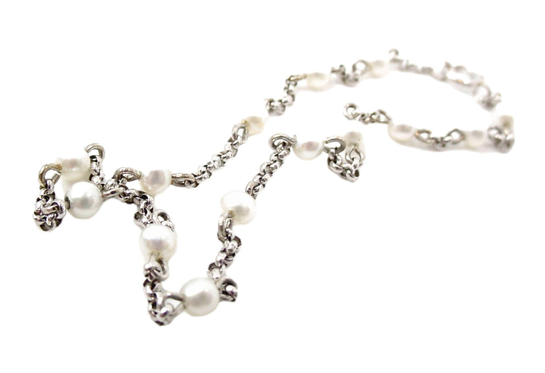 Delicate Platinum Cultured Pearl Diamond Station Rolo Link Bracelet