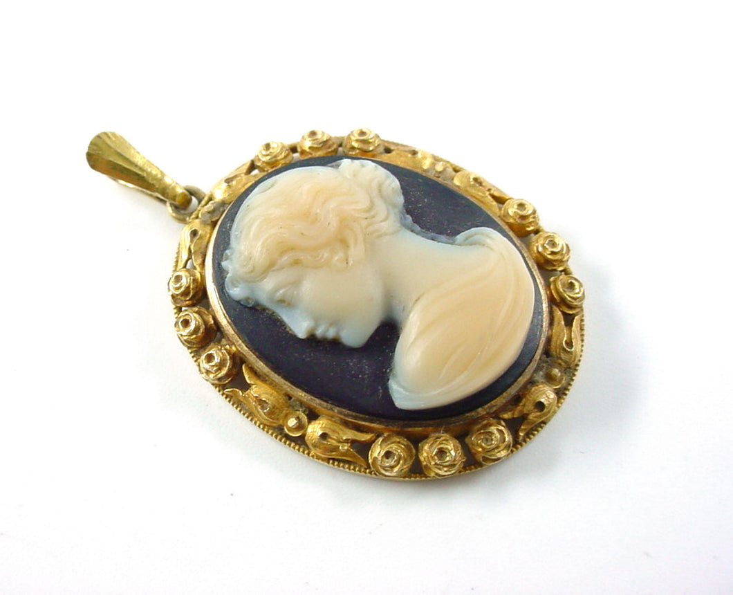 Antique European Intricately Carved Hardstone Cameo-Ornately Framed in 14k Gold