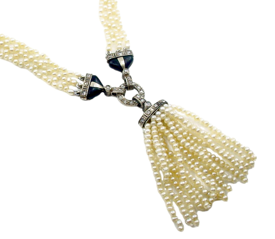 Superb Art Deco Sautoir--Hand Woven Pearl Diamond Onyx 14k Gold and Tassel