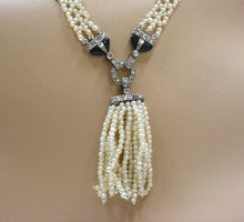 画像をギャラリービューアに読み込む, Superb Art Deco Sautoir--Hand Woven Pearl Diamond Onyx 14k Gold and Tassel
