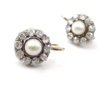 画像をギャラリービューアに読み込む, Antique Edwardian 1.80 Ct Diamond Pearl Halo Drop Silver Top Gold Earrings
